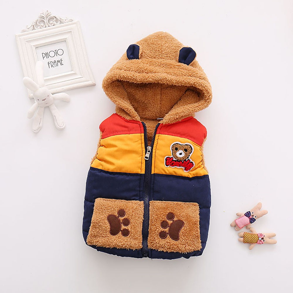 Leuke Herfst Winter Baby Jongens Bovenkleding Beer Cartoon Hooded Mouwloos Vest Dikke Warme Katoenen Vest Kleding: Navy  / 18m