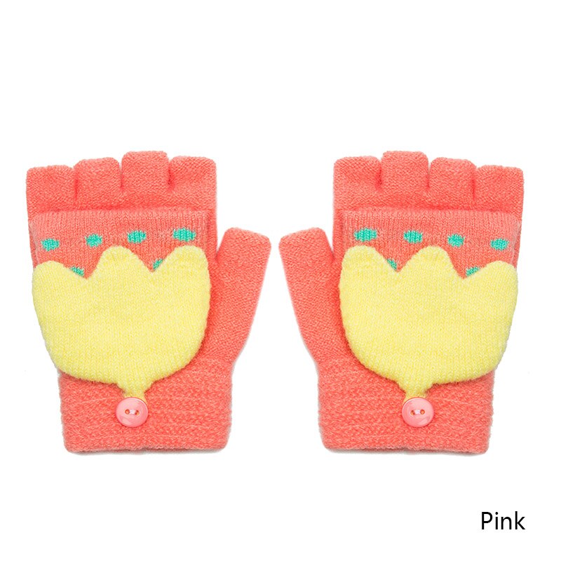 Hermosos guantes de invierno para bebés REAKIDS, guantes de algodón con solapa y dibujos animados bonitos para niños, guantes cálidos tejidos con solapa, guantes para chicos y niñas, mitones: Pink