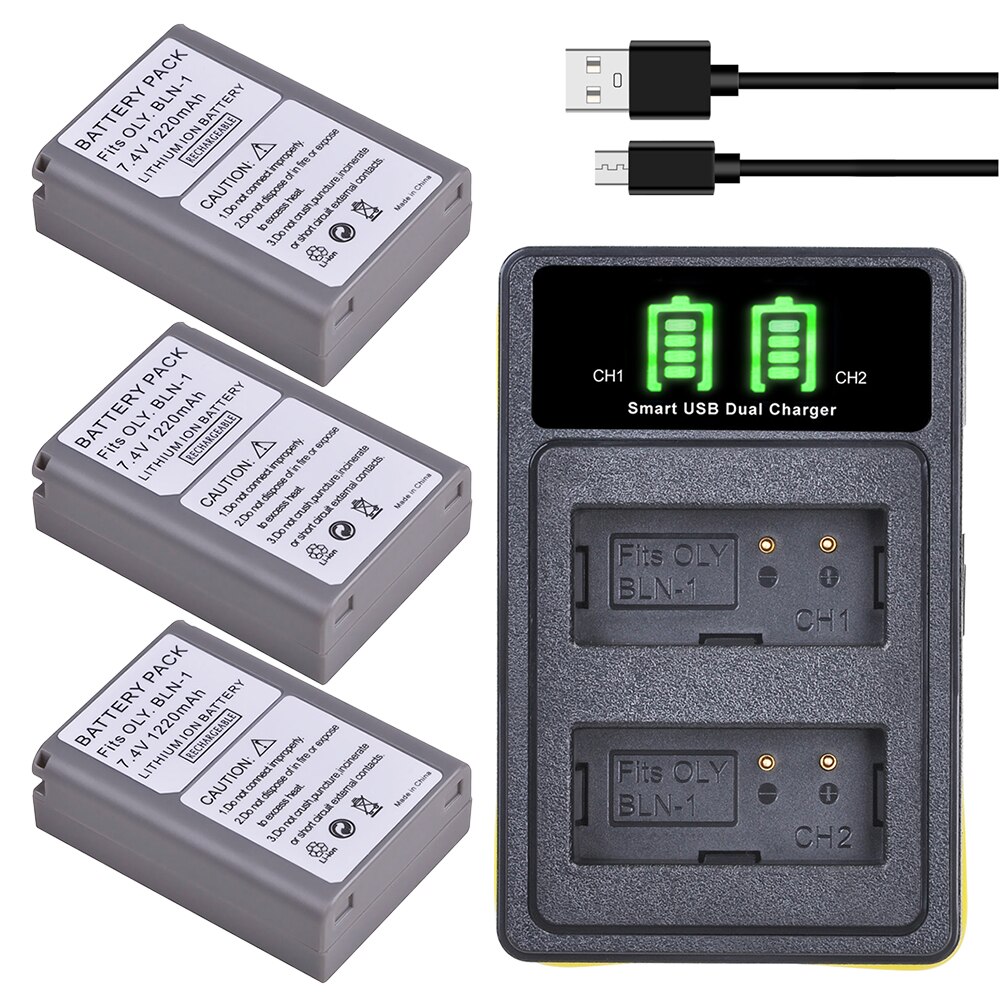 4Pcs BLN-1 PS BLN1 PS-BLN1 Batteries + Dual LED USB Charger for Olympus OM-D E-M1 E-M5 Mark II PEN-F E-P5 EM1 EM5 PENF EP5: 3B with charger