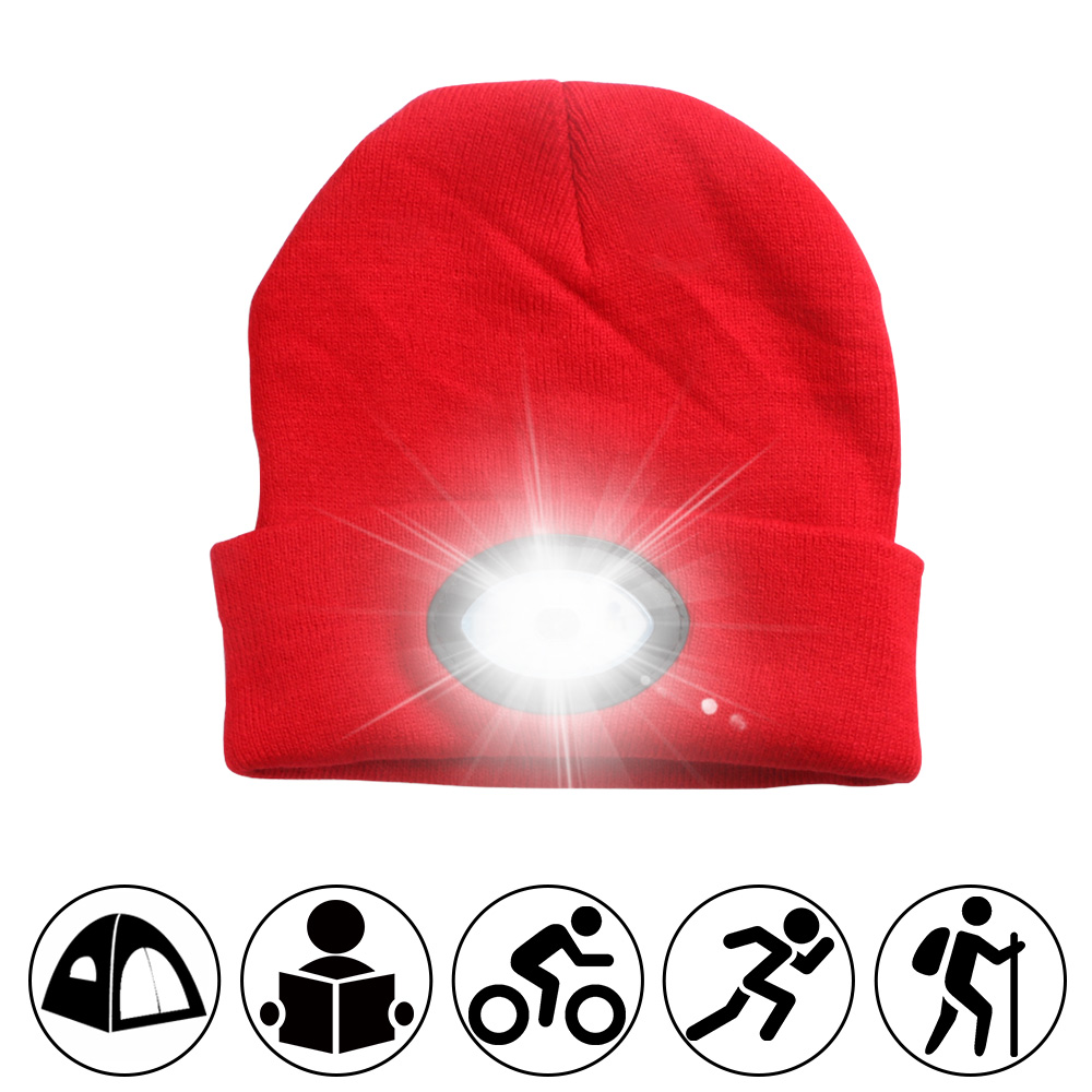 6 led lys hat usb genopladelig håndfri lommelygte cap led beanies strik hat holde varm om vinteren til klatring fiskeri udendørs: Rød led-hætte