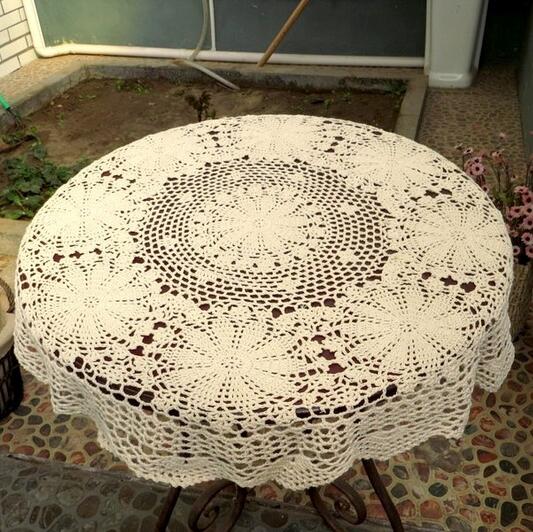 Nappe de Table ronde en dentelle Crochet à la main, nappe en coton blanc, décoration de mariage maison, tricot à fleurs, couverture Beige blanc