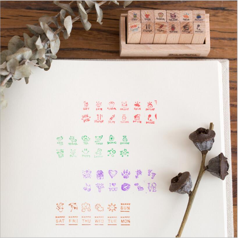 12 stks/set Leuke Mini houten stempel stempels dagboek diy Handgemaakte decal scrapbooking decoratieve Fotoalbum Craft