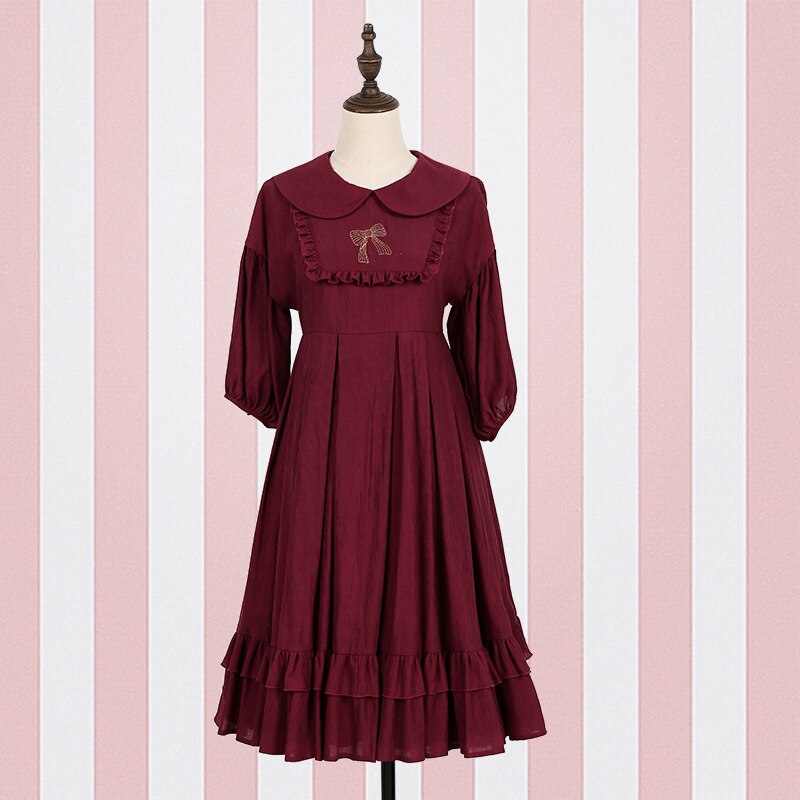 JSK Japan Style Lolita doll collar dress Vintage babydoll dress bishop sleeve Juicy pleated dress: red / M
