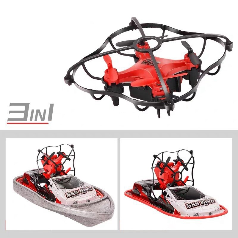 3 in 1 rc drone båd bil vand jorden luft tilstand tre tilstande hovedløs tilstand højde hold rc helikoptere legetøj: Rød
