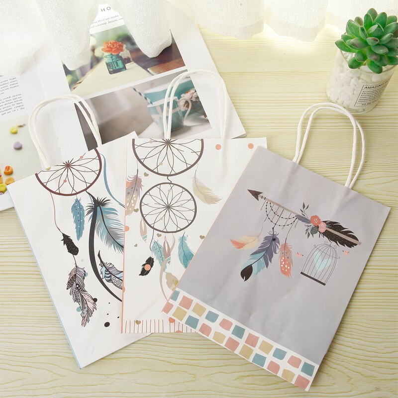 10Pcs Dromerige Kraft Papieren Zakken Met Handvat Dream Catcher Papieren Zakken Nieuwjaar Wedding Party Gunst Deco Pakket 22x16cm