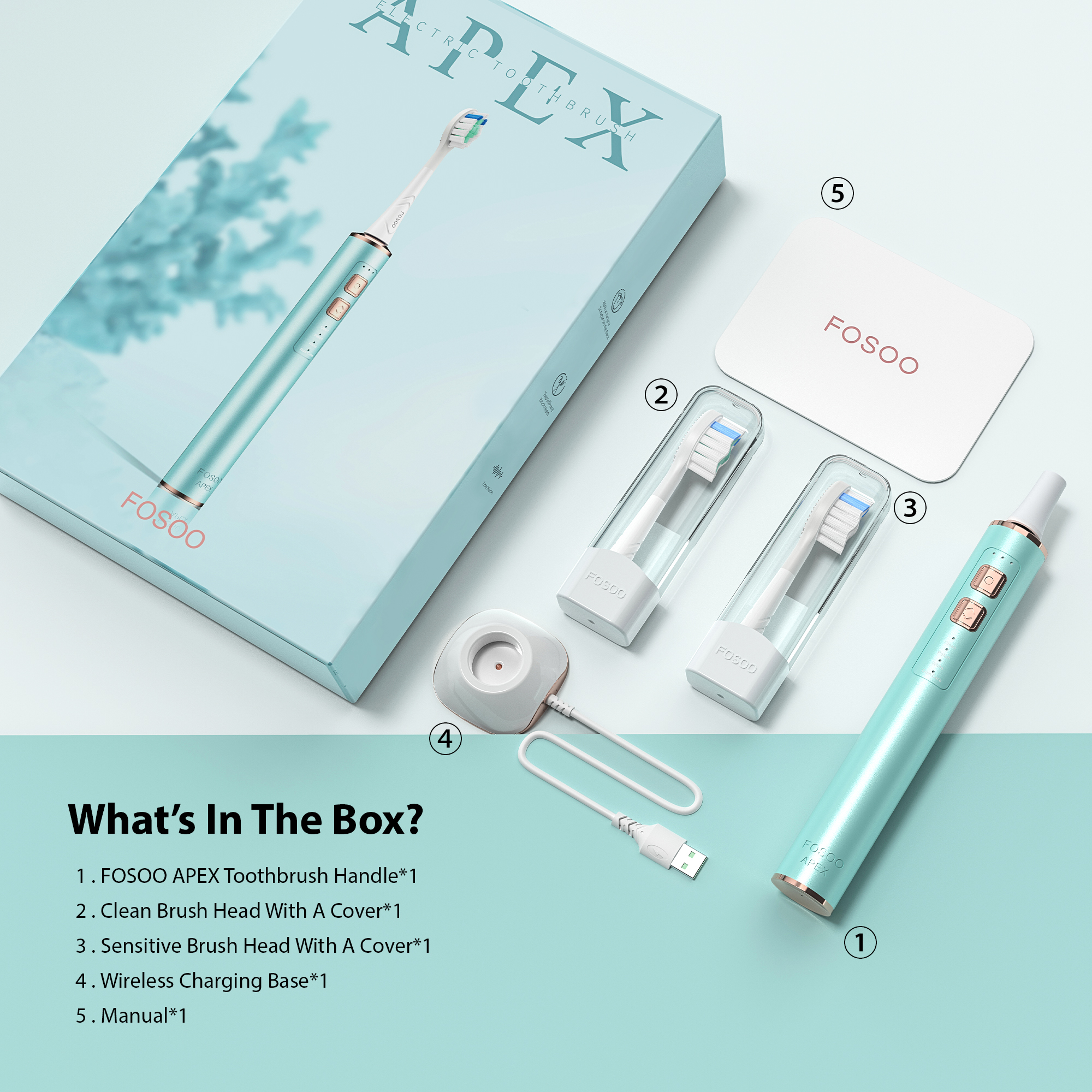 FOSOO – brosse à dents électrique sonique APEX 42000VPM, 2 Min, minuterie intelligente, autonomie de la batterie de 180 jours, 4 Modes de nettoyage, 2 têtes de brosse roses: Blue