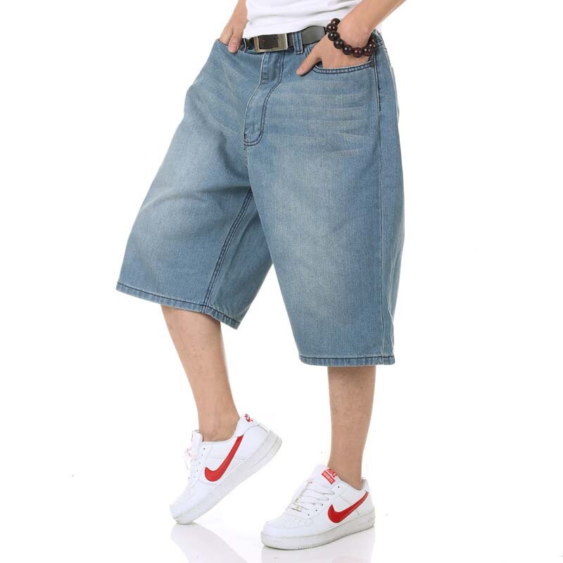 Sommer herre shorts hip hop harem denim jeans boardshorts amerikansk løs baggy bomuldsshorts stor størrelse 30-46