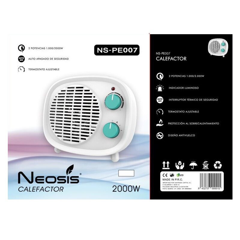 Neosis Calefactor Eléctrico NS-PE007 2 potencias 1000/2000W Termostato ajustable - Auto apagado de seguridad