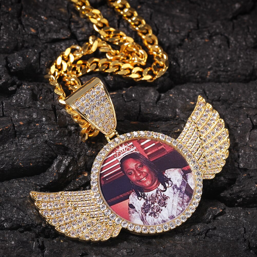 THE BLING KING Cubic Zirconia Made Photo Pendant Necklace Soild Back Full Iced Out Wing Round Tag Hiphop Jewelry