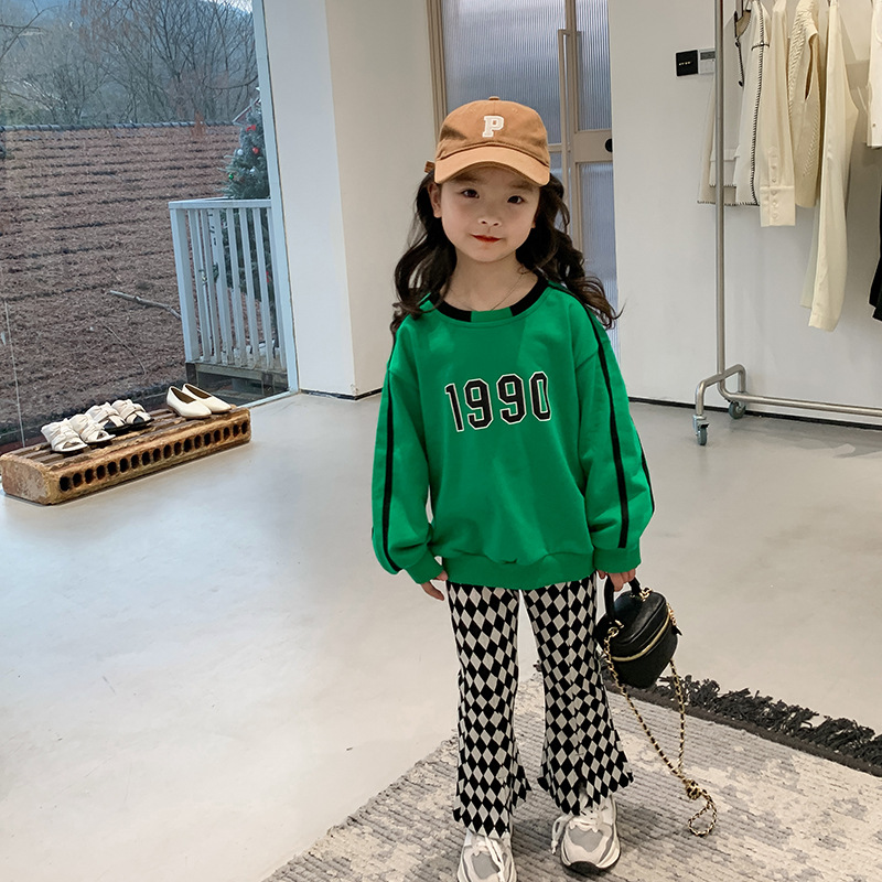 Primavera bambini vintage verde numero felpe ragazze allentate casual cotone top vestiti