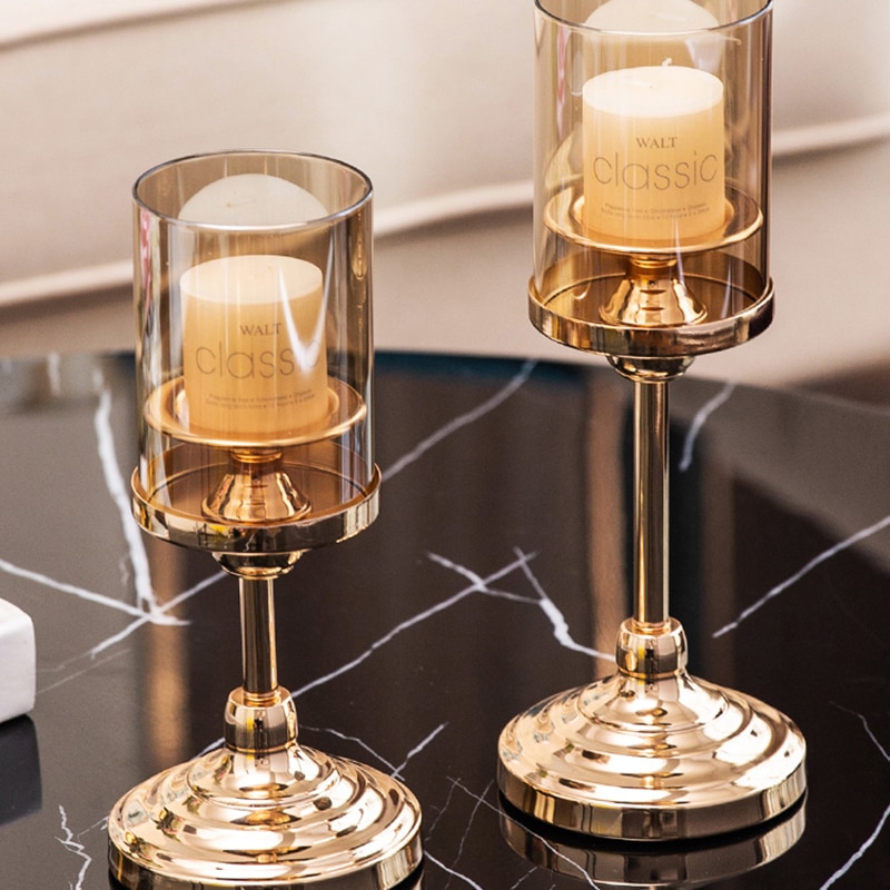 Nordic Metal Gold Tealight Candle Holders For Wedding Decorations With Glass Cover Windproof Candle Holder