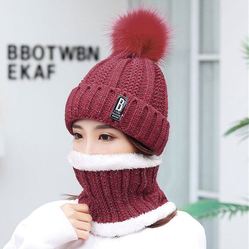 Frauen Dicke Kabel Stricken Hut Schal Weibliche Mützen Plüsch Hut Und Ring Schal Winter Warme Frau Dame Pom Pom kappe Schals Rosa: Wine Red Hat Scarf