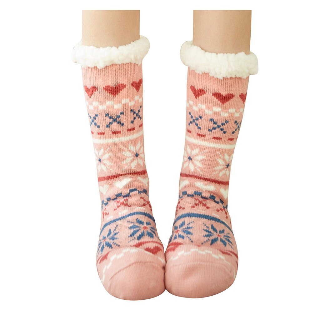 Kerst Sokken Vrouwen Katoenen Sokken Print Dikkere Anti-Slip Vloer Sokken Tapijt Sokken Dikker Winter Fleece Sok Vrouwen Warm: Love Pink