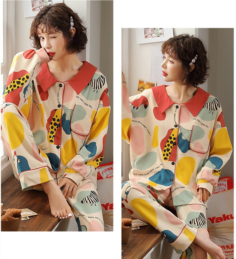 XIFER Spring Pajama Women Cartoon Printed Long Sleeve Pajamas Giraffe Cute Pajama Cardigan Knitted Cotton Ladies Female Homewear