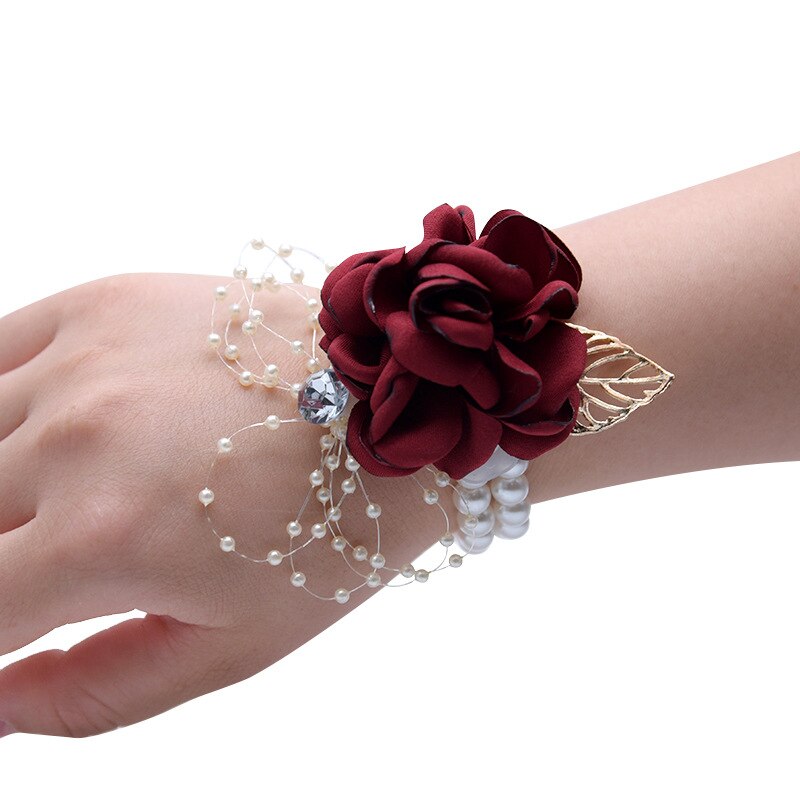 Stof Rose Bloem Hoofd Wedding Bridal Pols Corsage met Parel Accessoire Bruidsmeisje Corsage Armband Party Decoratie Armband