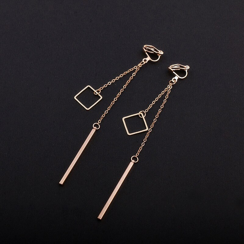 Metal Double Pendant Clip On Earrings Women Girl No Ear Hole Pending Long Earrings Simple Style geometric Jewelry CE38