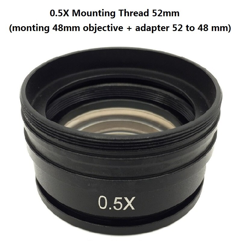 0,5x 2X lentille Barlow objectif Microscope objectif auxiliaire objectif filetage de montage 42mm 48mm 50mm 52mm Distance de travail 30/160mm: 0.5X  Thread 52mm