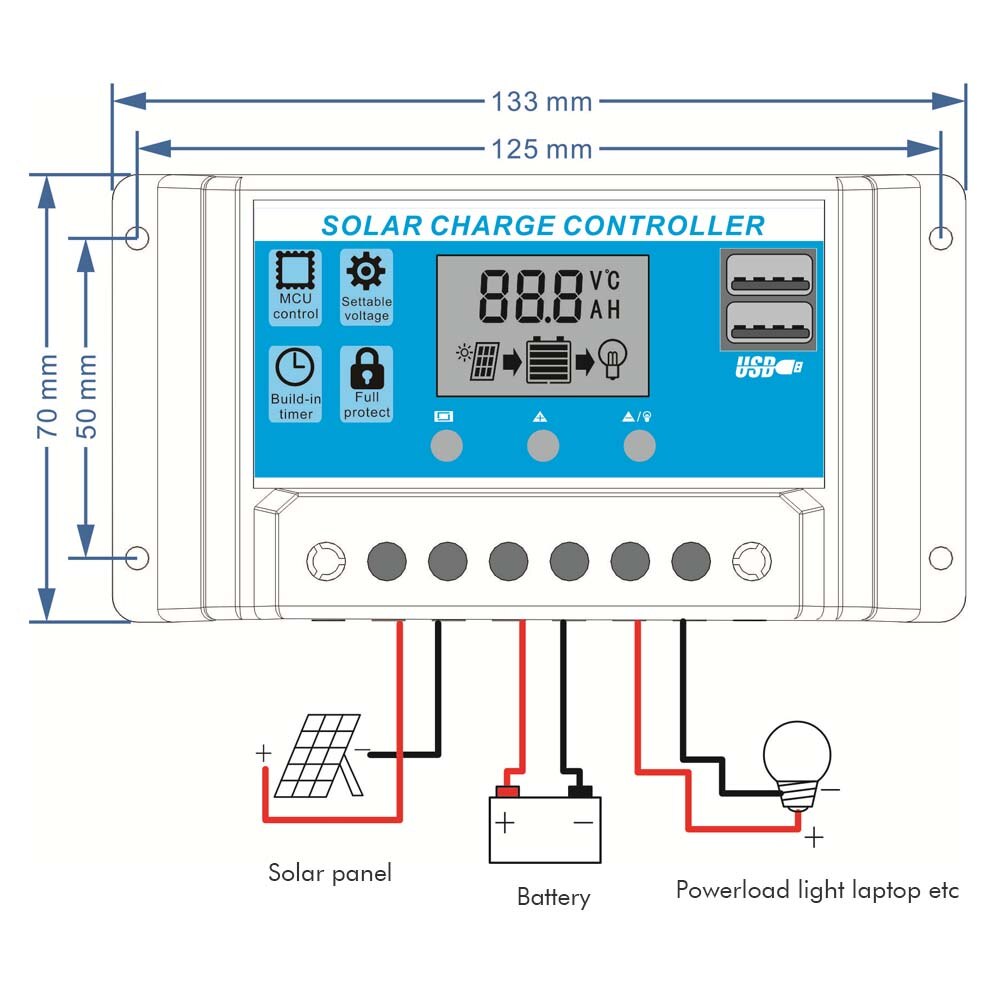 10A solar charge controller pwm 2 usb max 2A LCD d... – Grandado