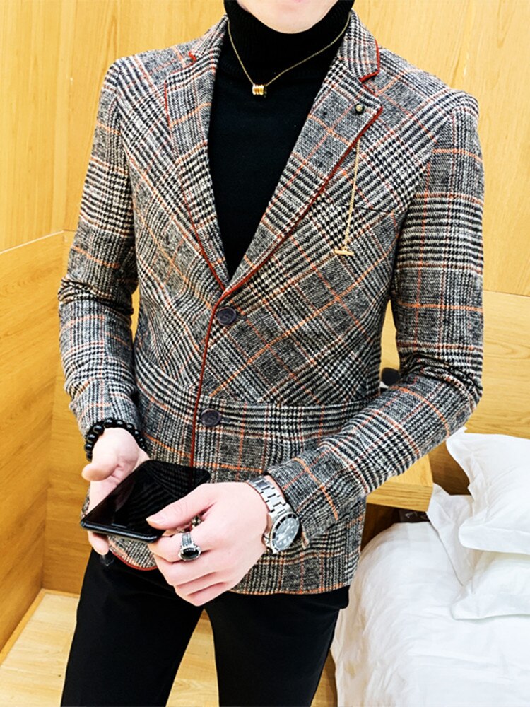 Britse Stijl Plaid Blazer Voor Mannen Jasje Casual Wollen Trouwjurk Jas Enkele Business Mannelijke Knop Veste Kostuum Homme: L      50 to 58kg