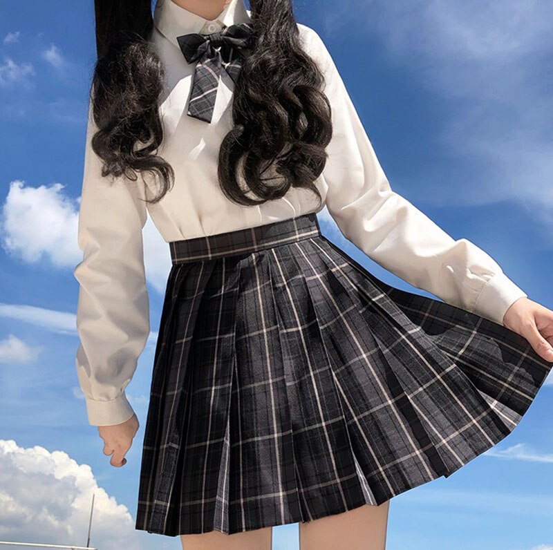 [Smoky Gray] Girl's Summer High Waist Pleated Skirts Plaid Skirts Women JK Uniforms Girl School Dress Students Cloths