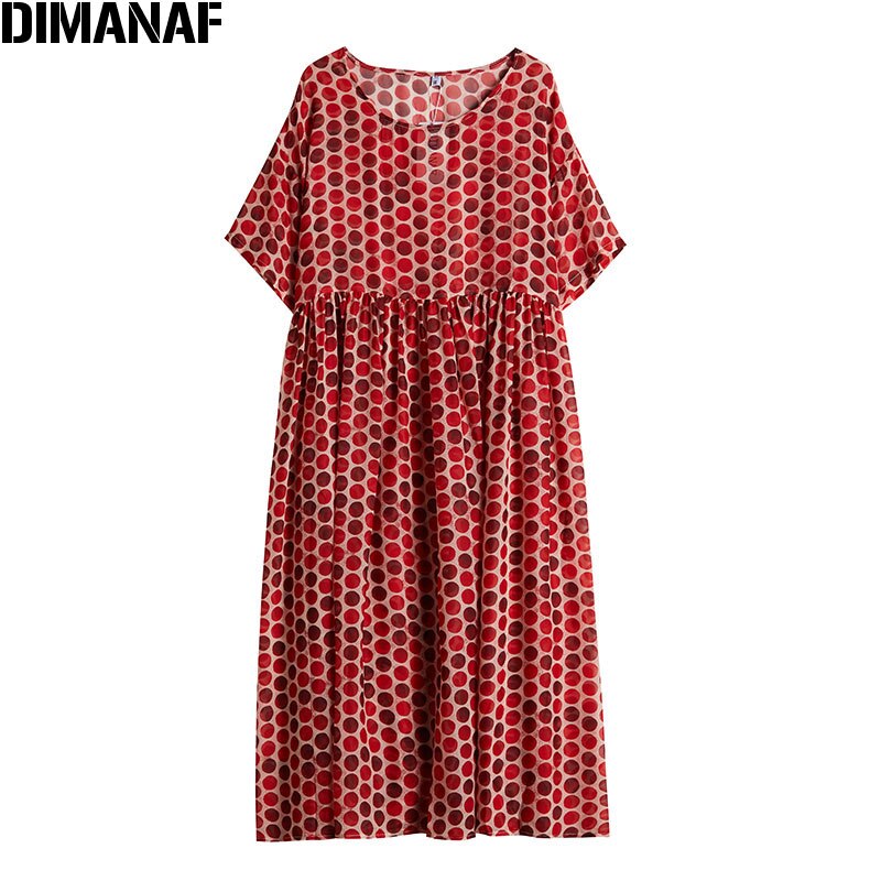 DIMANAF Plus Size Mulheres Polka Dot Vestido de Chiffon Estilo Praia Verão Férias Vestido de Verão Tamanho Grande Vestidos Soltos Vestidos de Impressão Feminino