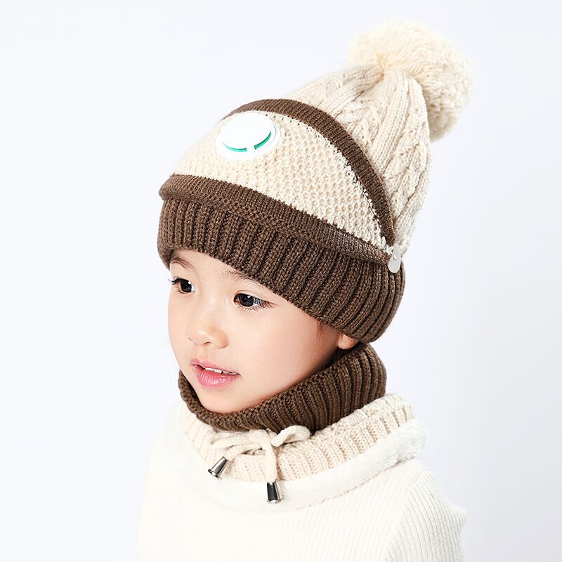 3 in 1 Kids Knitted Scarf Hat Face Mask Set with Breathing Valve Winter Warm Soft for Children Outdoor -MX8: Beige