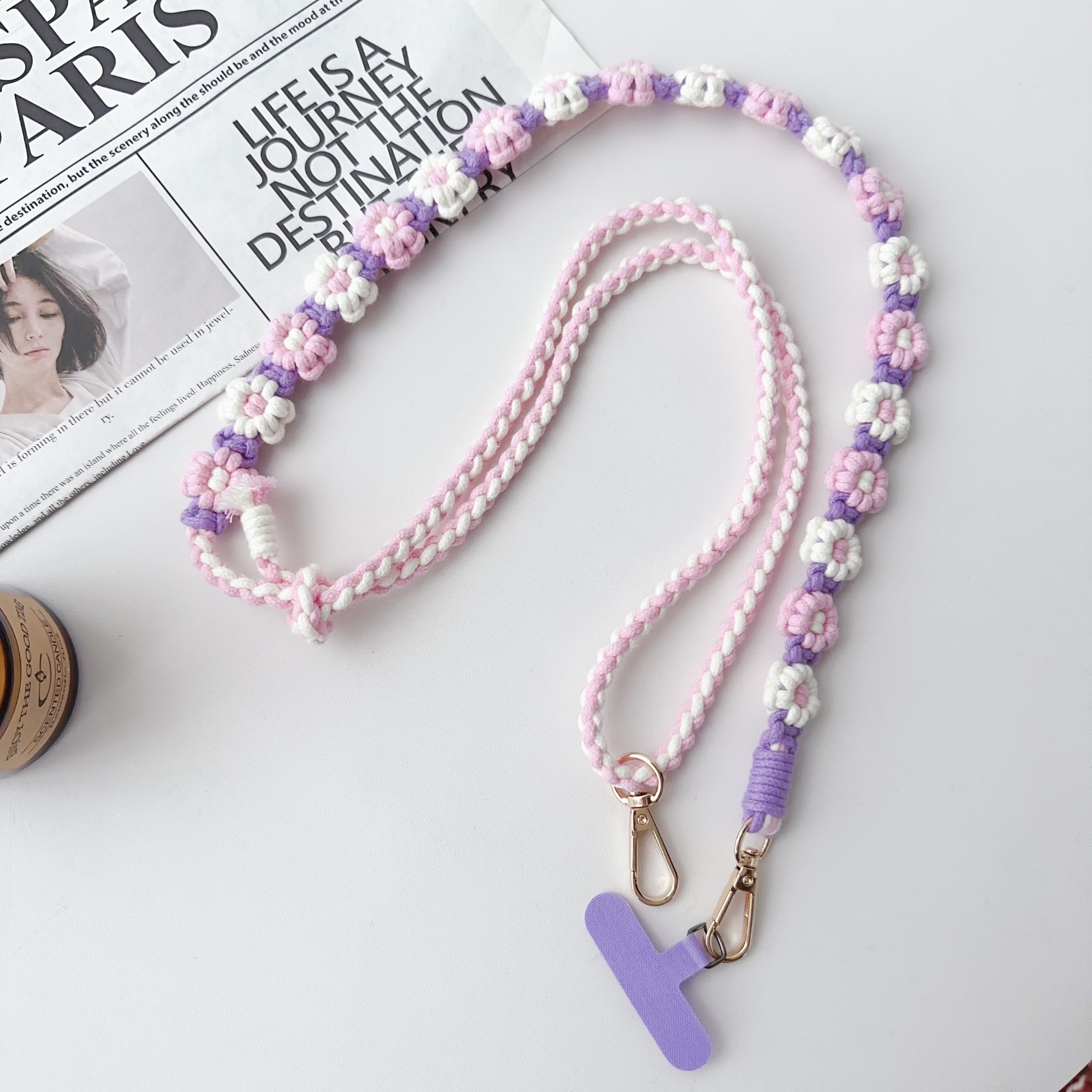 Handgemaakt Madeliefje Verstelbare Lengte Geweven Riem Universele Telefoonband Handgeweven Daisy Bloem Mobiele Telefoon Tas Cross-Body Lanyard: WHITE