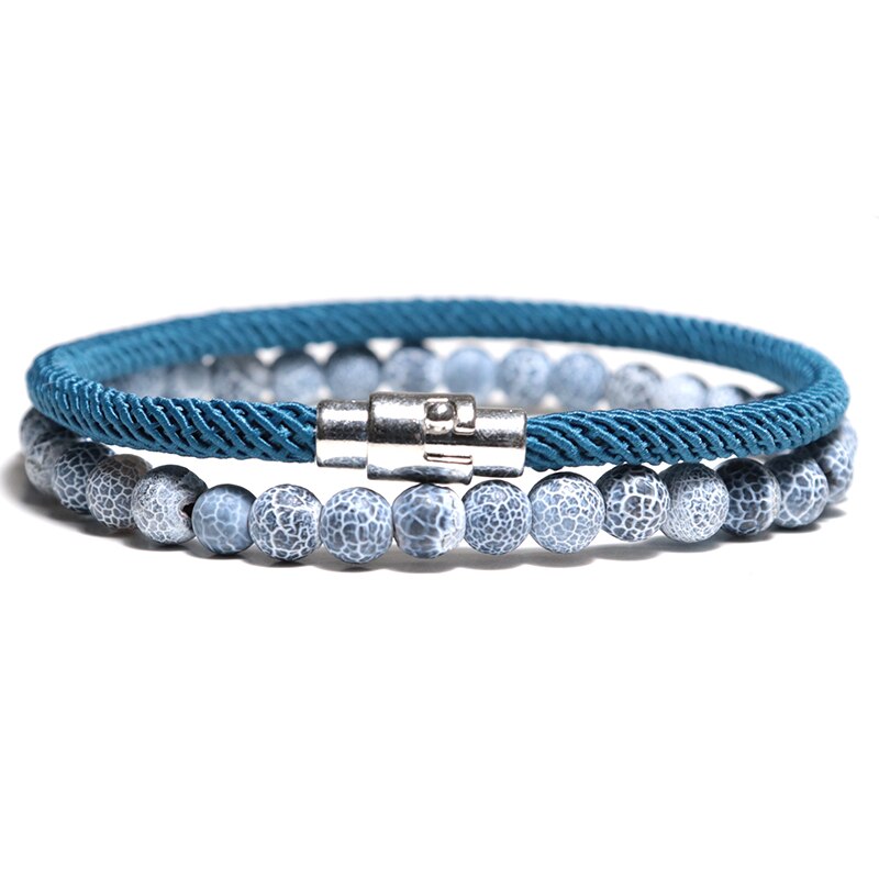 2 pçs/pçs/set grânulos de pedra natural corda pulseira conjunto artesanal dos homens pulseira de corda conjunto para biker masculino jóias homme bileklik: Blue Set