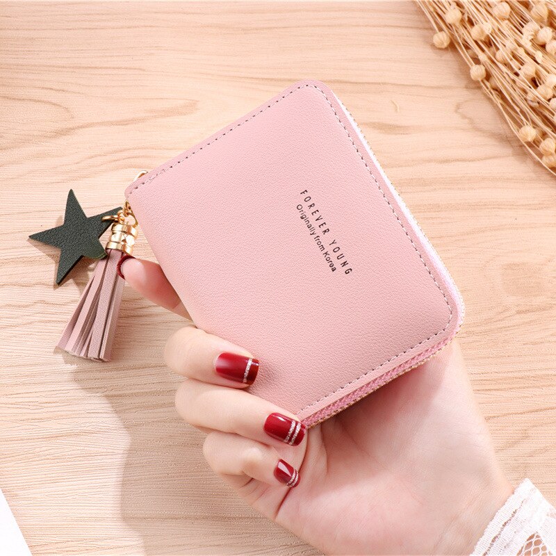 Tofs kvinnor plånbok liten söt plånbok kvinnor kort läder kvinnor plånböcker dragkedja portföljer portefeuille kvinnlig handväska clutch: Rosa