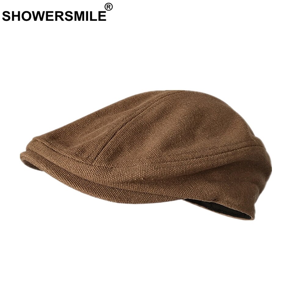 SHOWERSMILE Men Beret Hat 100% Cotton Grey Flat Caps Male Spring Solid Vintage Directors Driving Hat British Gatsby Style Hats