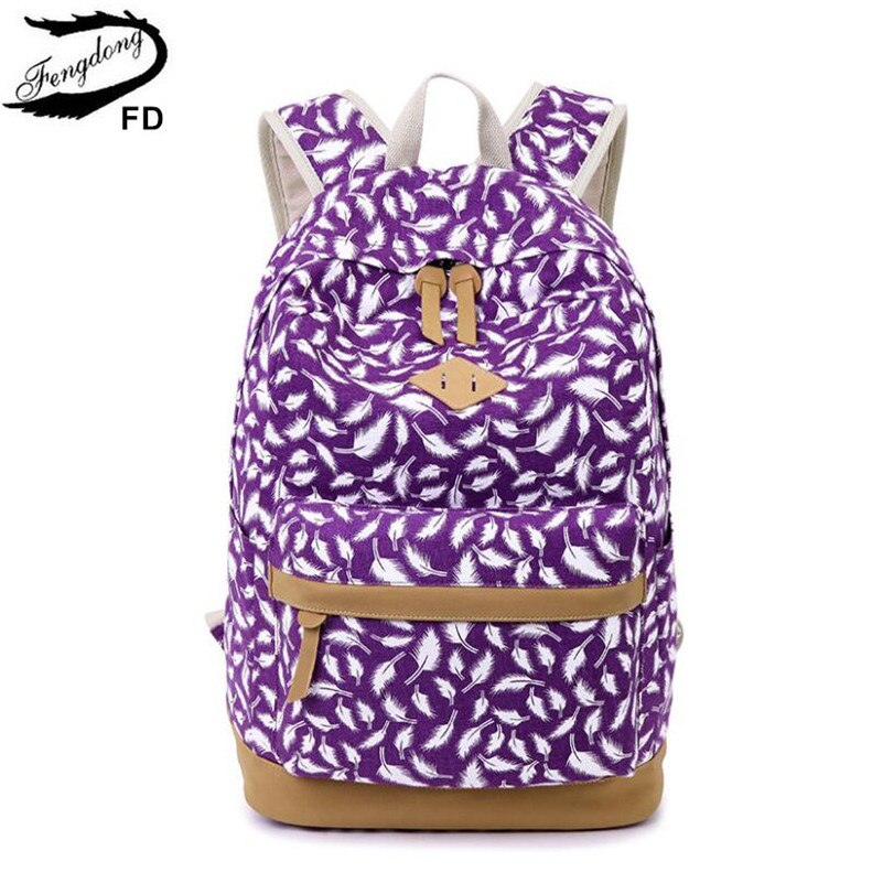 FengDong children's backpack kids bag school bags for girls feather printing canvas backpack for laptop book bag girl schoolbag