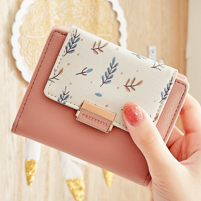 Brand Women Wallet Small Short Fold Purse Printing Contrast color Female Coin Purse Multifunction Coin Pocket: Pink