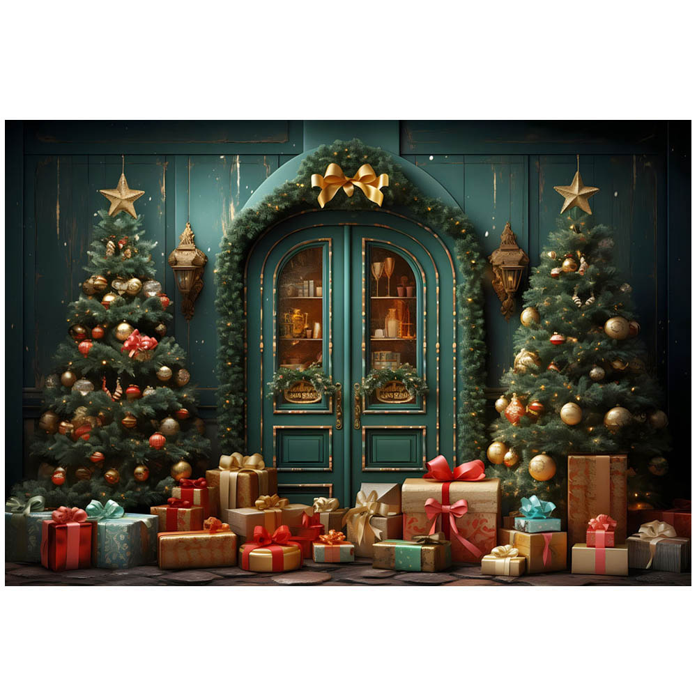 Mocsicka sfondo di natale porta da parete verde albero di natale campana d'oro regali ritratto di famiglia fotografia sfondi puntelli per Studio fotografico