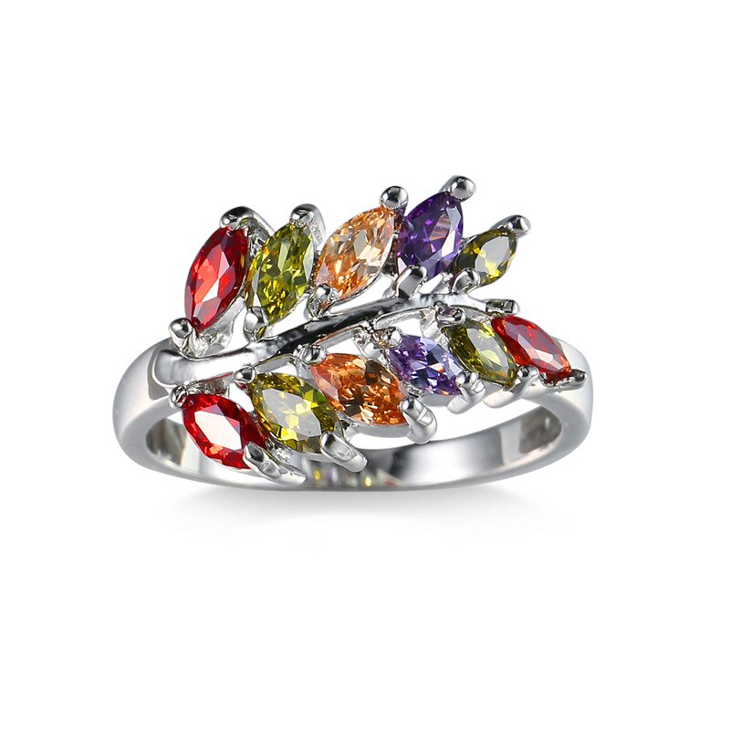 Valentine's Day Silver Color Leaves Tree Branch Ring For Woman Girls Simple Anillos Aneis Multicolors Crystal Silver Finger Ring: 7