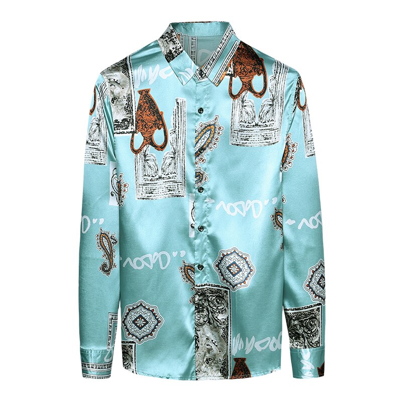 Heren zijden overhemden met lange mouwen, bedrukte poplin jurken, casual satijnen bloemenkleding voor heren