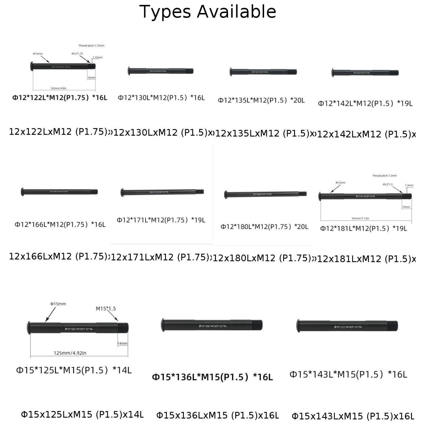 Road Bike Thru Axle Replacement Front/Rear Thru Axle 12/15mm 122-181L P1.5/P1.75 MTB Thru Axle Wheel Aluminum Alloy Bike Accs