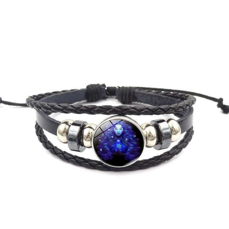 12 Constellation Zodiak Teken Blauw Glas Lederen Armband Ram Waterman Leeuw Maagd Geweven Glas Dome Sieraden Punk Mannen Armband: Virgo