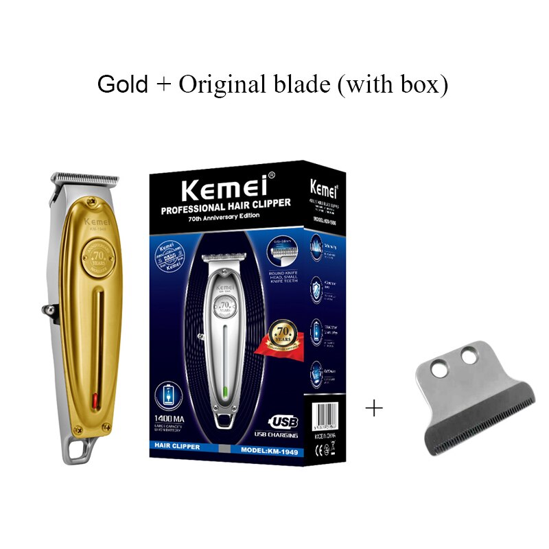 Kemei 1949 Hair Clipper All Metal Men Electric Cordless Hair Trimmer 0mm Baldheaded T Blade Finish Haircut Machine: gold add box blade