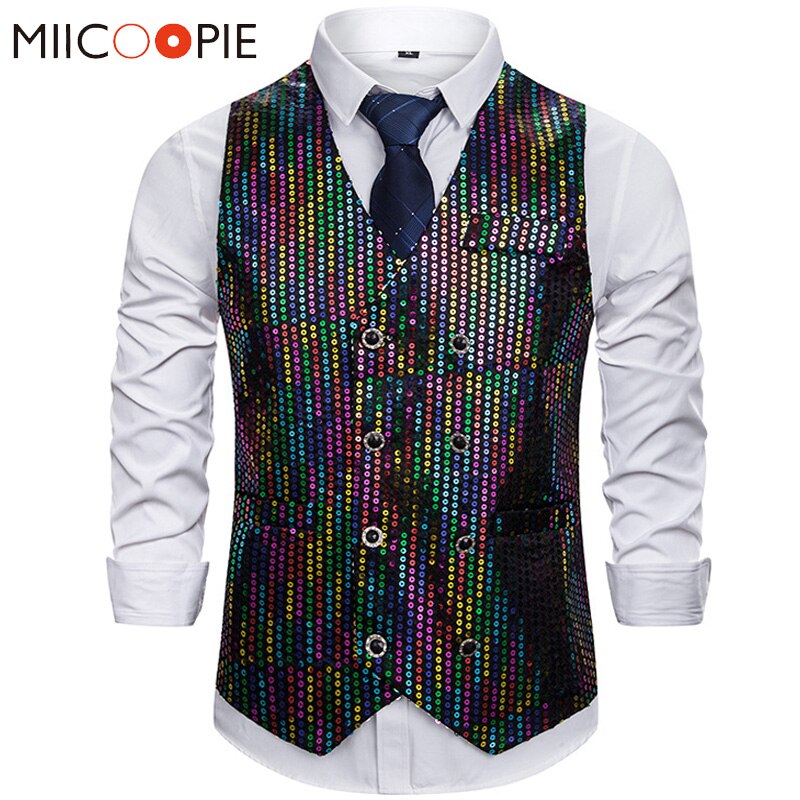 Herre pailletter veste til natklub fest kostumer afslappet dobbeltradet herre vest vest vest jakke slim fit gilet steampunk homme