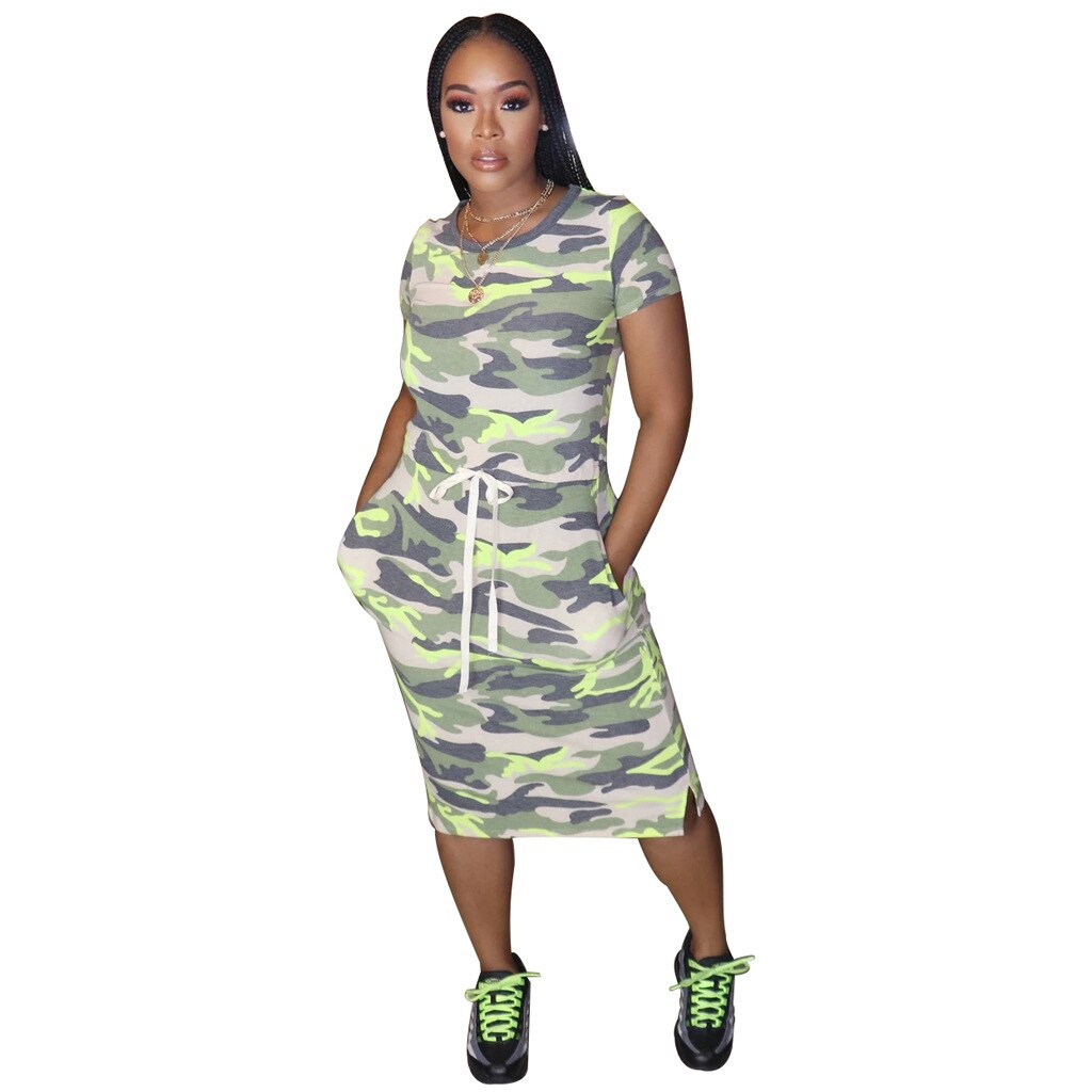Vrouwen Zomer Elegante Camouflage Print Korte Mouw Tee Slim Side Split O-hals Jurk Casual T-shirt Jurken Vestido: green / XL