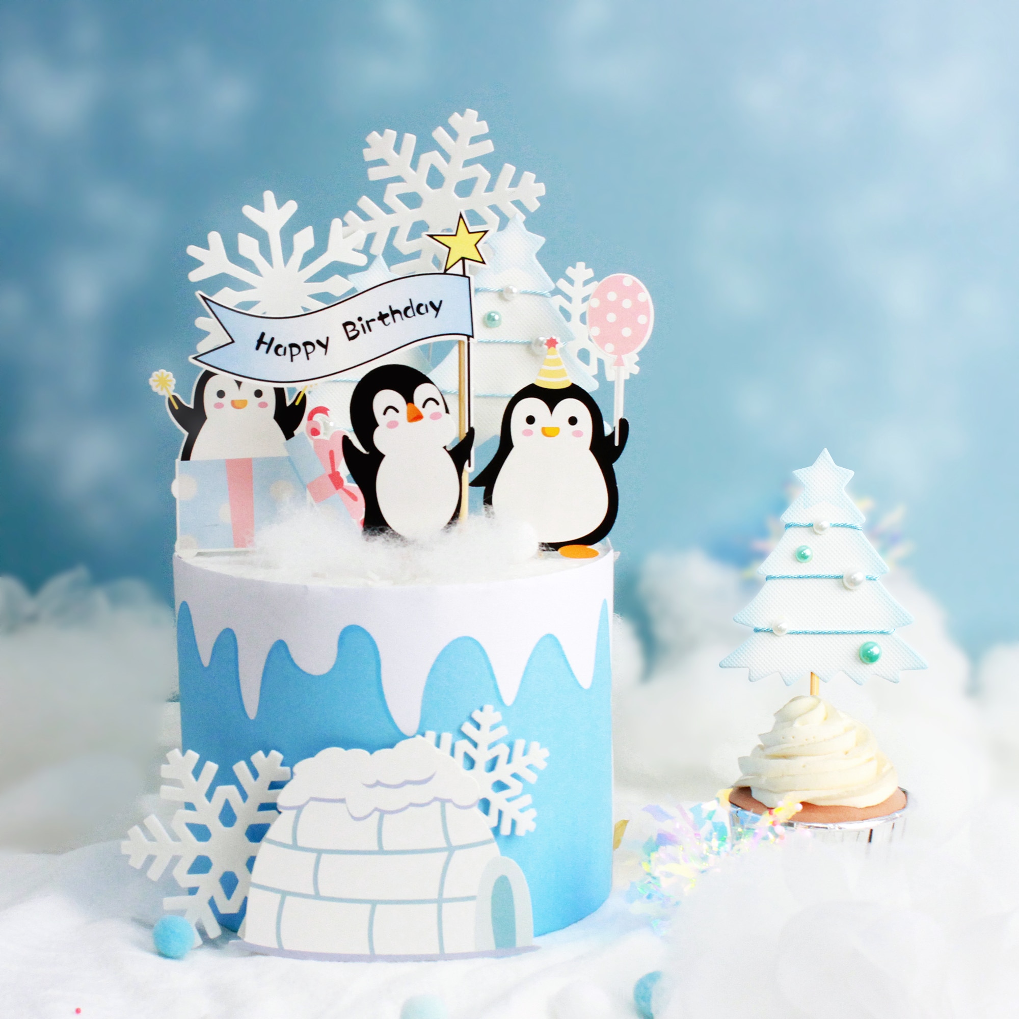 Garniture de gâteau d&#39;anniversaire, chapeau de pingouin, flocon de neige, garniture de Cupcake, drapeau de fête, décoration de gâteau de noël