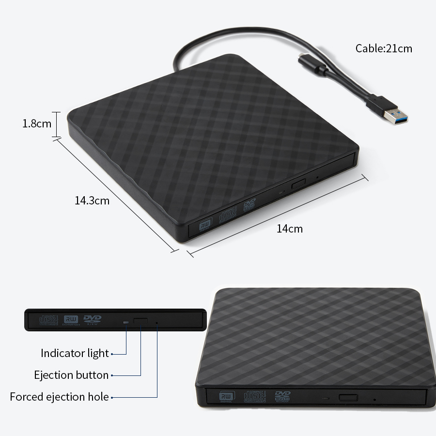 2 In 1 USB3.0 Type-C Slim External DVD RW CD Writer Drive Burner Reader Player Optical Drives For Laptop PC Portable DVD Burner