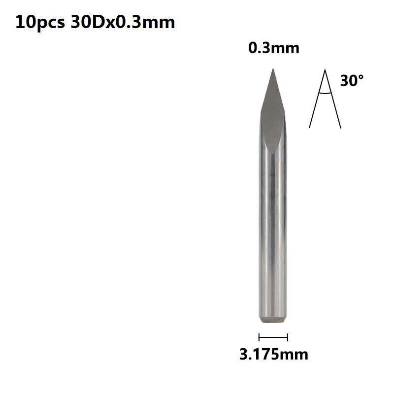 Xcan 3 Rand Piramide Graveren Bits 10 Stuks 20/30/40/45/60/90 Graden Tip 0.1-0.3Mm 3.175Mm Shank Cnc 3D Frees: 10pcs 30Dx0.3mm