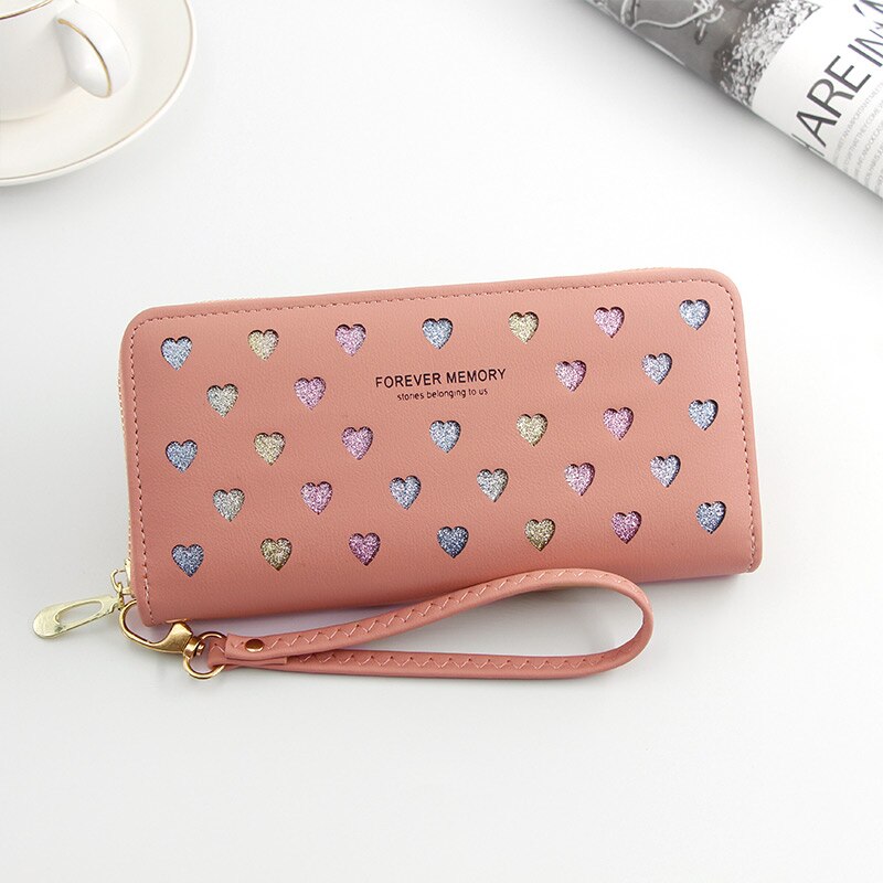 Portafoglio donna Long Love Heart Hollow Design borsa per telefono porta carte di credito in pelle ad alta capacità portafogli frizione Carteira Feminina: Colore rosa