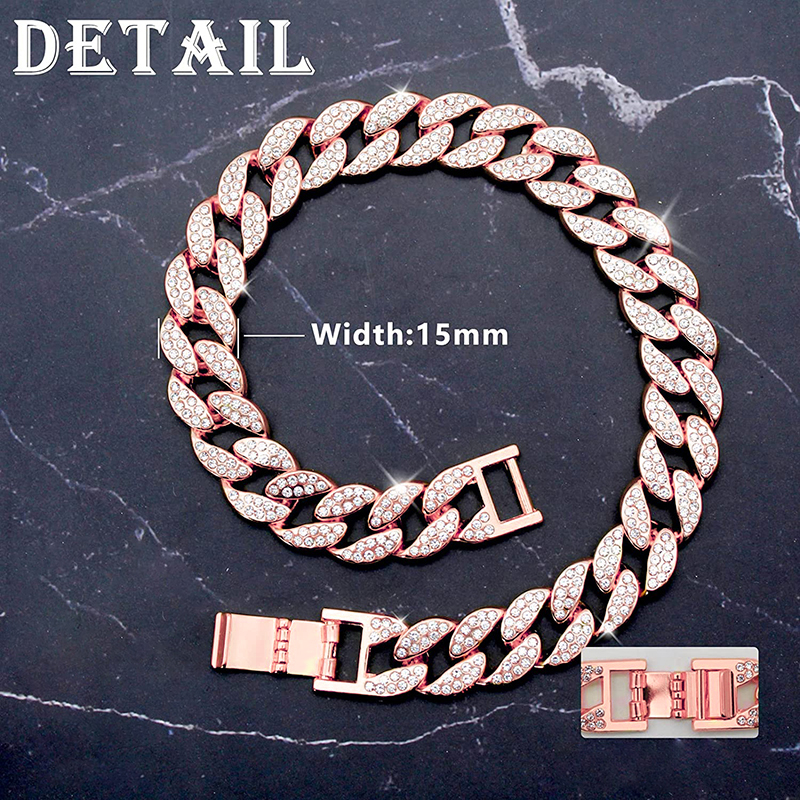 Roze Diamant Cubaanse Kraag 15MM Huisdier Cubaanse Kraag Sieraden Accessoires voor Honden Katten Gouden Hond Ketting Wandelen Metalen Ketting Kraag