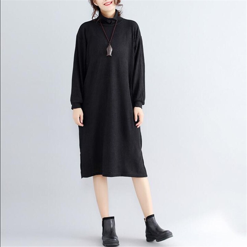 Women Autumn Winter Sweater Dresses loose casual Turtleneck plus size black gray Robe Long Knitted Dress