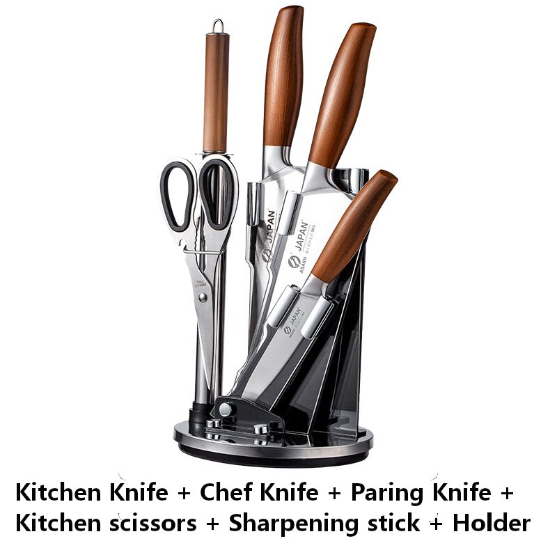 Stainless Steel Kitchen Knives Set Meat Chopping Cleaver Fish Vegetables Slicing Butcher Knife Japanese Chef Knife With Gift Box: With Holder 6Pcs Set