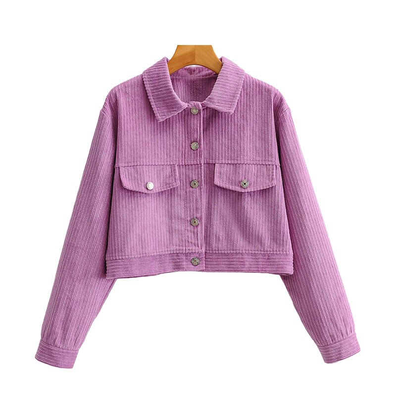 Kpytomoa kvinder løs fløjlsbukser cropped jakke frakke vintage langærmede lommer kvindelige overtøj smarte toppe: L