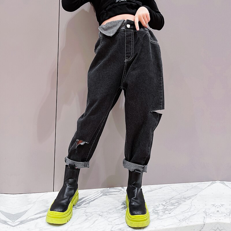 Jean déchiré en Denim noir pour filles, pantalon décontracté, troué, taille haute, pour adolescentes de 3-14 ans, automne printemps 2022: 5-6 Years Size 120