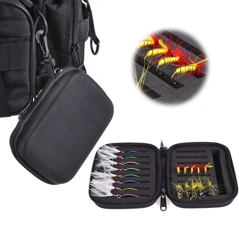 Señuelo de la pesca con mosca portátil Negro Bolsa cuchara Spinner cebo caja de espuma trucha moscas pez gancho duro EVA caja de almacenamiento bolsa contenedor